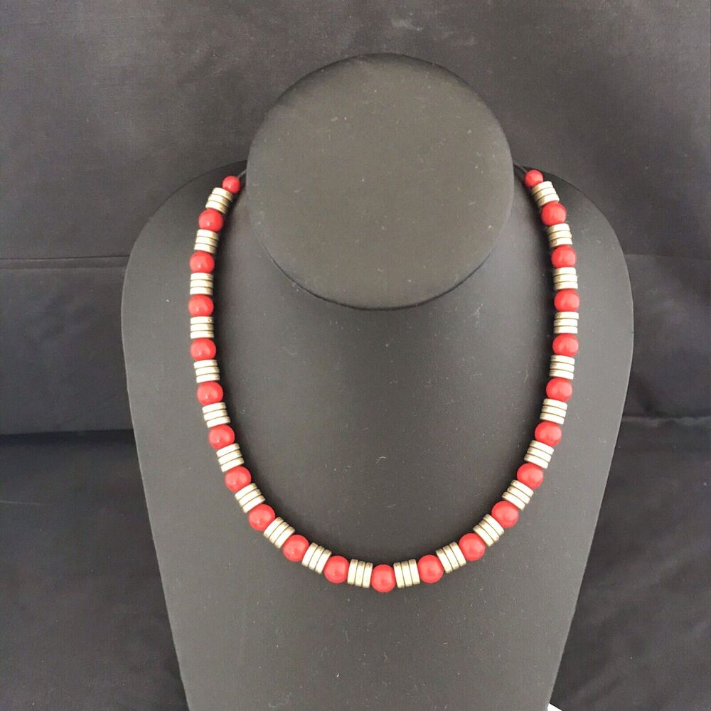 New Beaded Necklace Gold and Red Beads - 3Y